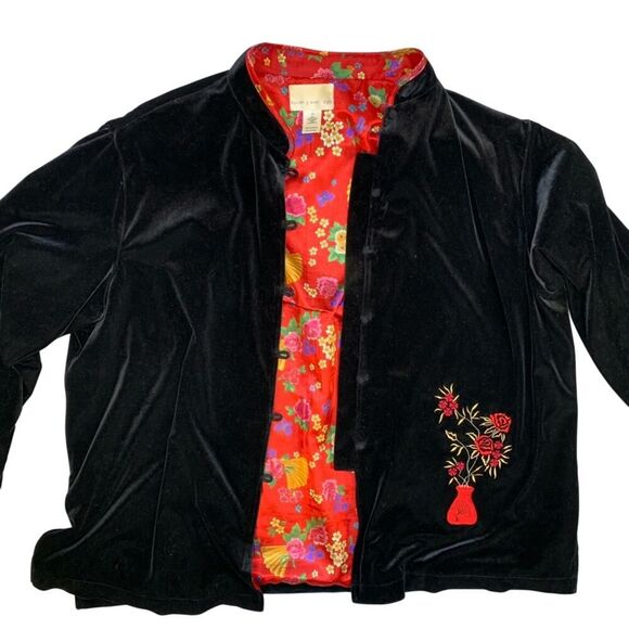 Y2K Susan Graver 2X Black Velvet Embroidered Frog Button Jacket Mandarin Collar - Picture 3 of 7
